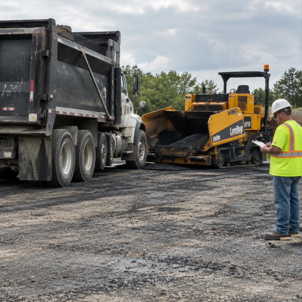 Asphalt maintenance equipment and a worker at a paving jobsite
