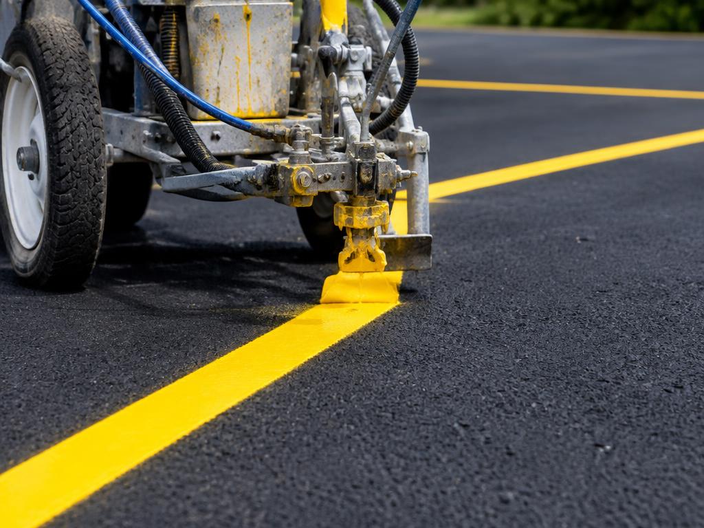 Striping machine painting a yellow parking line